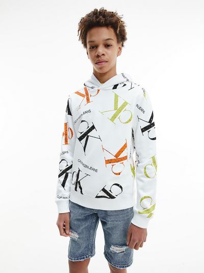 Calvin Klein Ruhák HU580310 | Calvin Klein Organic Cotton All-Over Logo Fiu Kapucnis Pulóver Fehér